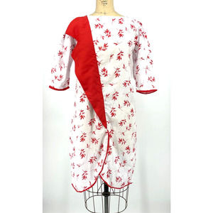 Vintage White Red Cherry Blossom Print Asian Inspired Knee Dress Large